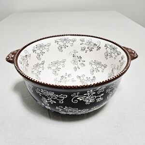 Temptations By Tara Floral Lace NEW 4 Qt. Bowl Ovenware Stoneware Handles Black
